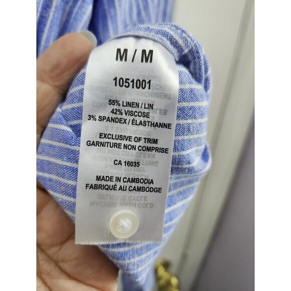 Tahari Blue White Striped Pullover Shirt Roll Tab Sleeves Linen Blend Medium - Picture 6 of 7